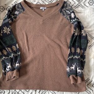 Brown Sweater with Patterned Sleeves